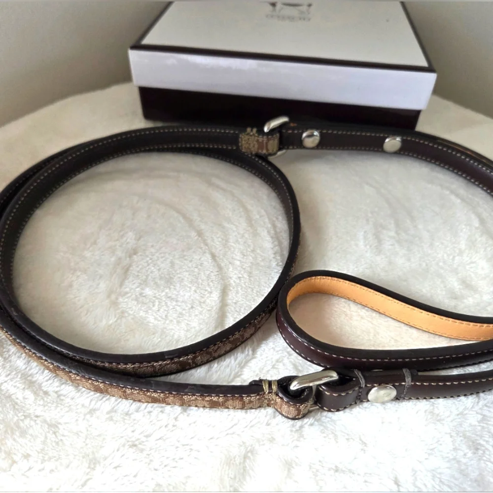 COACH Signature Miniature Logo Brown & Tan Genuine Leather Dog Leash EUC